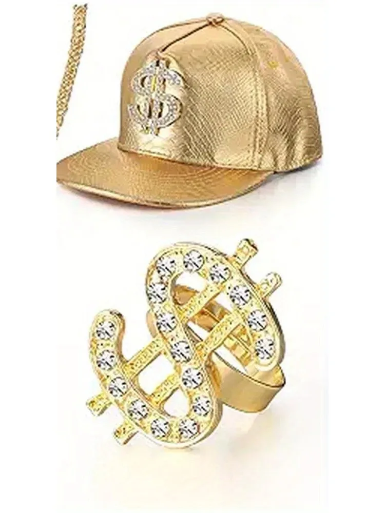 Hip Hop outfit set 3 pieces includes adjustable back button-down hat dollar pendant necklace Hip Hop Dollar ring