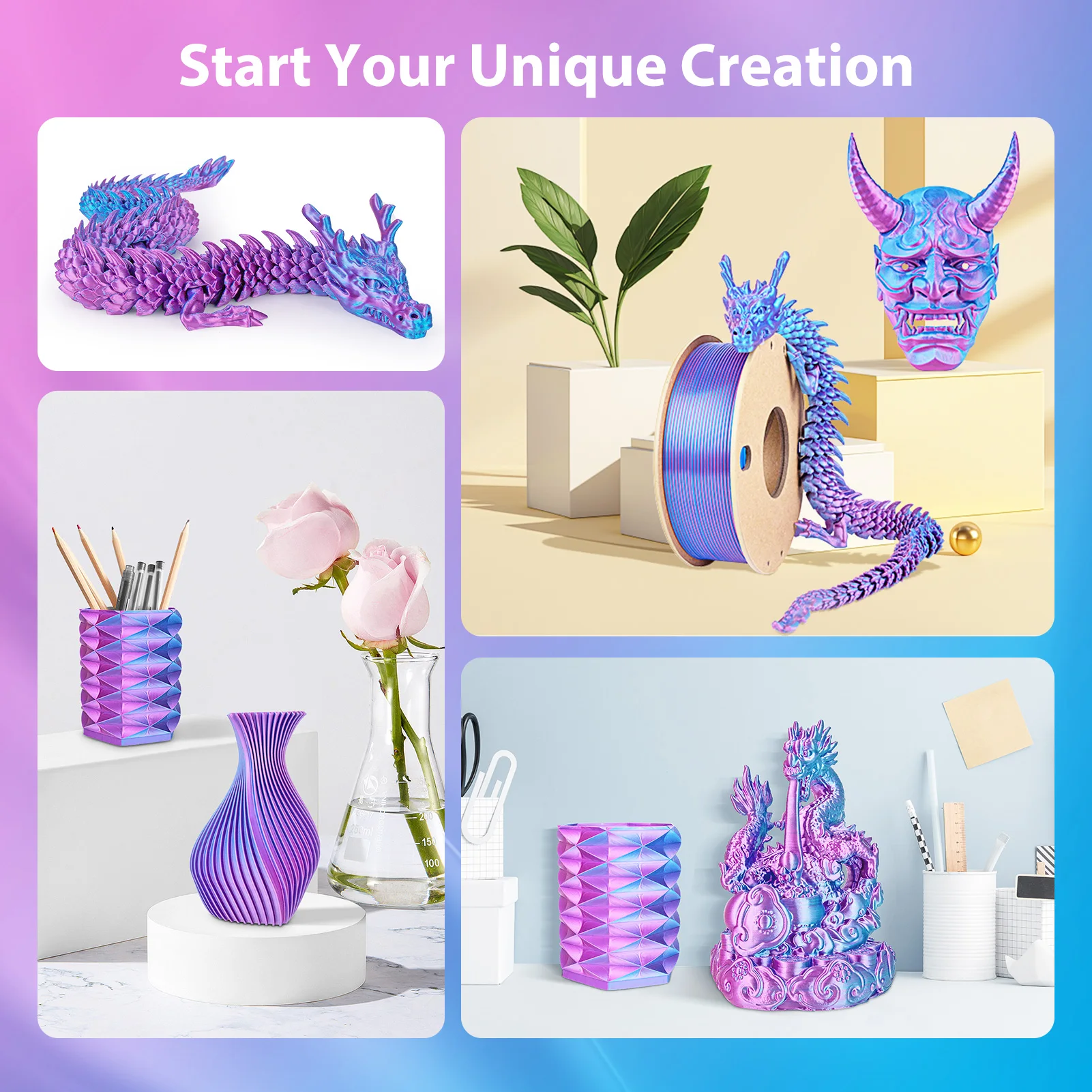 Silk PLA Filament 250g 2 Color in 1 3D Printing Filament 1.75mm Silk 3D Printer Fit Most FDM Printers
