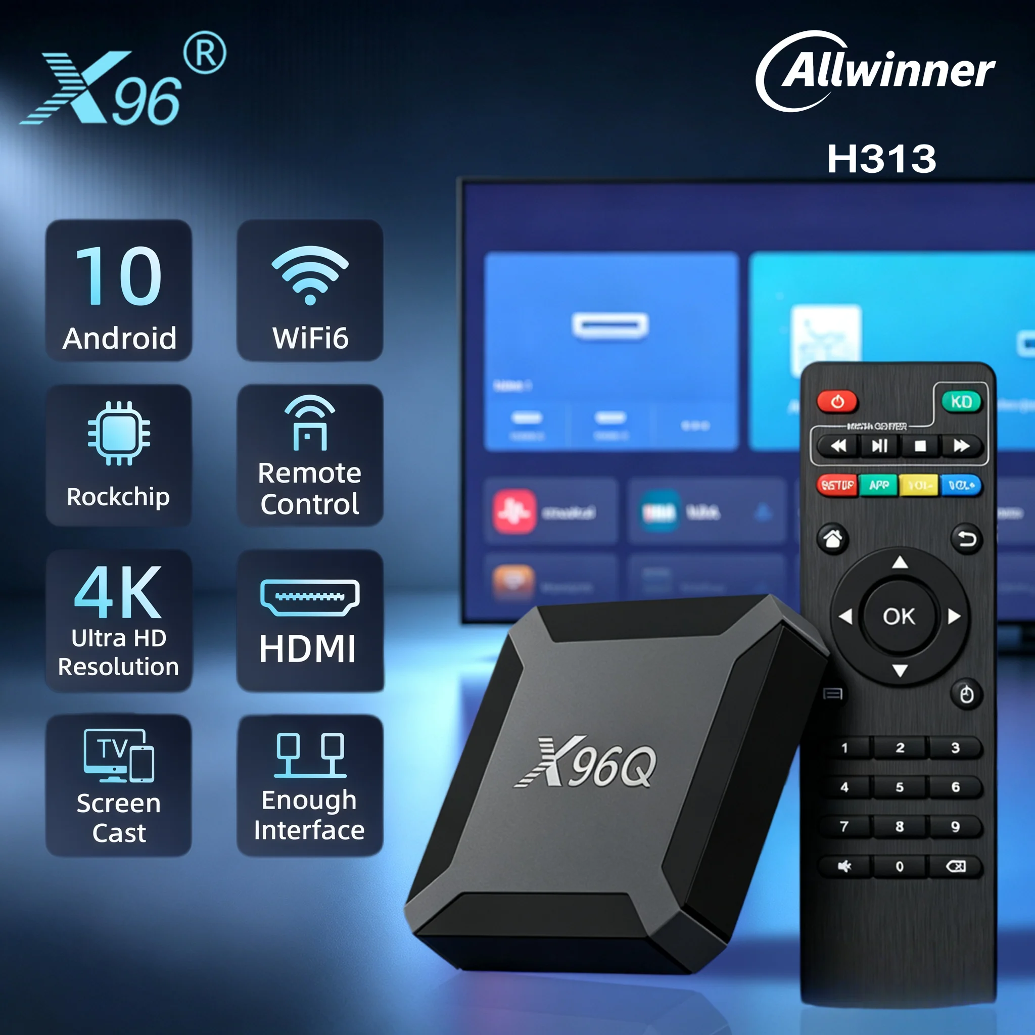 Boîtier TV X96Q 2Go RAM 16Go ROM Android 10.0 Puce Quad-Cœur Allwinner H313 WiFi 2,4G LAN 1000M USB Lecture 4K 60 ips H.265 HEVC Décodeur TV Multimédia Intelligent 1