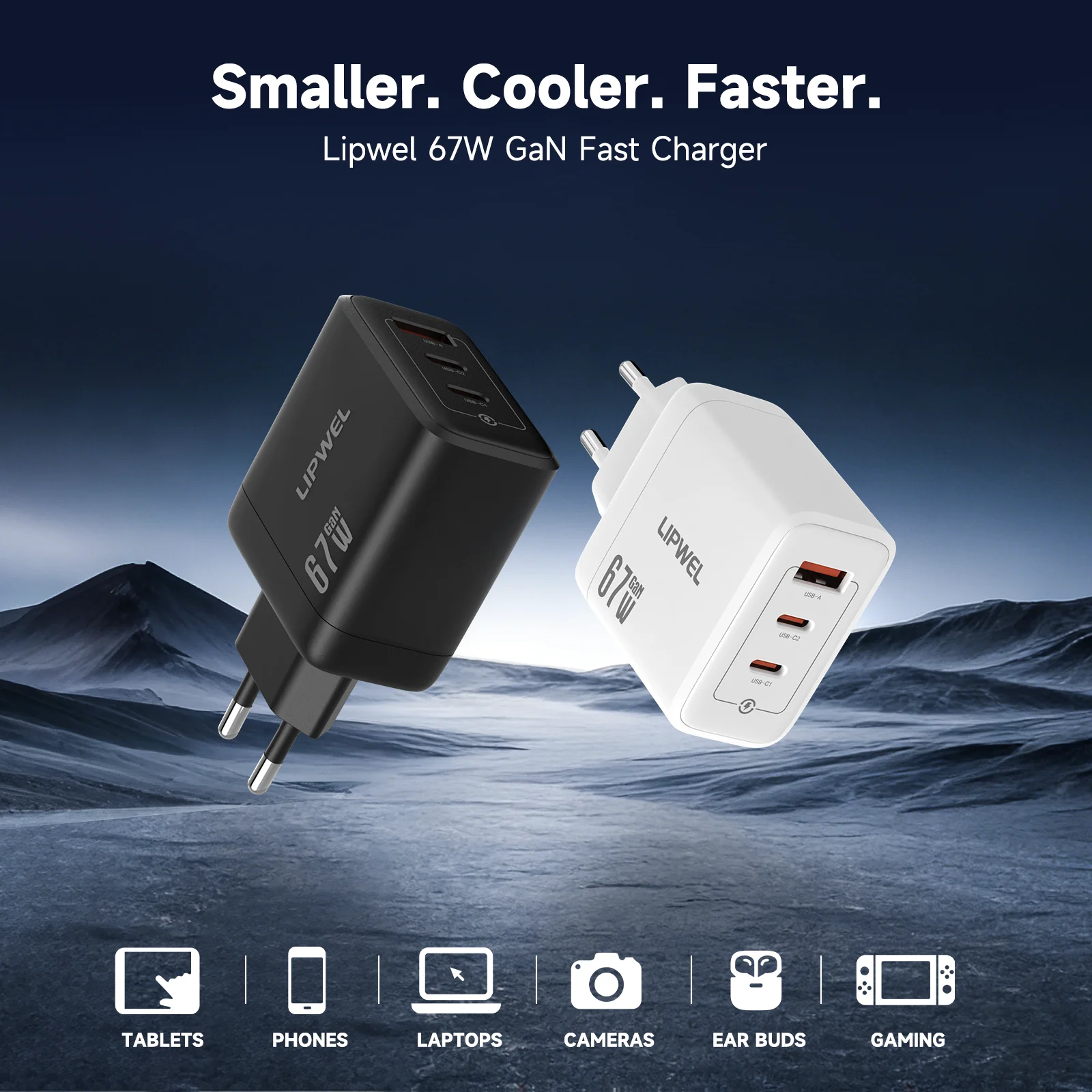 High-Speed 67W GaN Charger with EU Plug - 3-in-1 USB C & USB A Ports