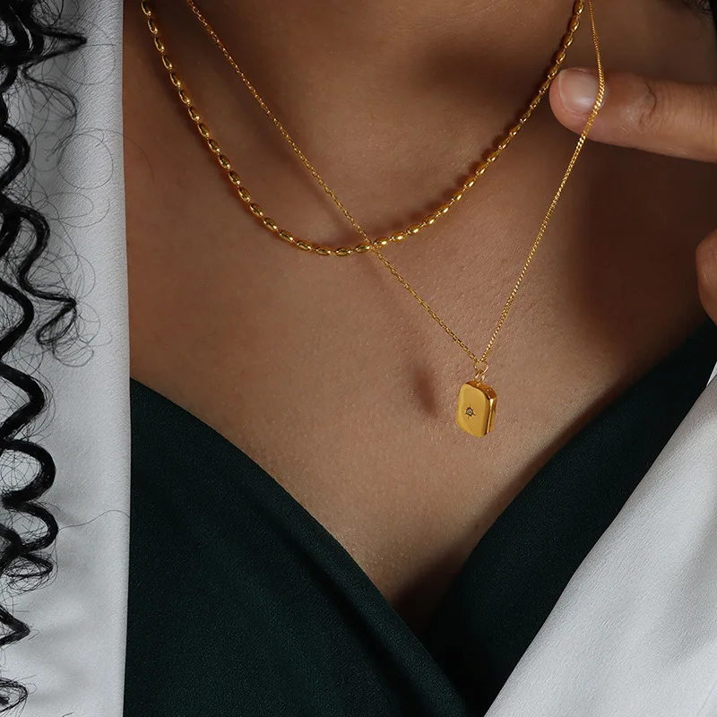 

Bilayer Beads Chain Square Titanium Steel Gold Plated Pendant with Zircon For Women Fine Jewelry Wedding Party Birthday Gift