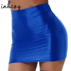 Womens Sexy Mini Skirts Clubwear Glossy Thin Sheer Micro Tight Pencil Skirt High Waist Oil Shiny Rave Party Bodycon Miniskirt