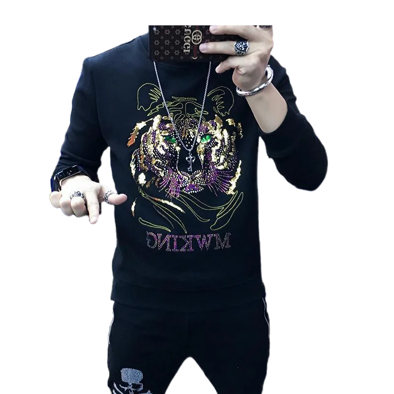 Men's Hot Drilling Tiger Head Printed hoodies Spring and Autumn Fashion Brand Cool Handsome Long-sleeved T-shirt Sweatshirts Top