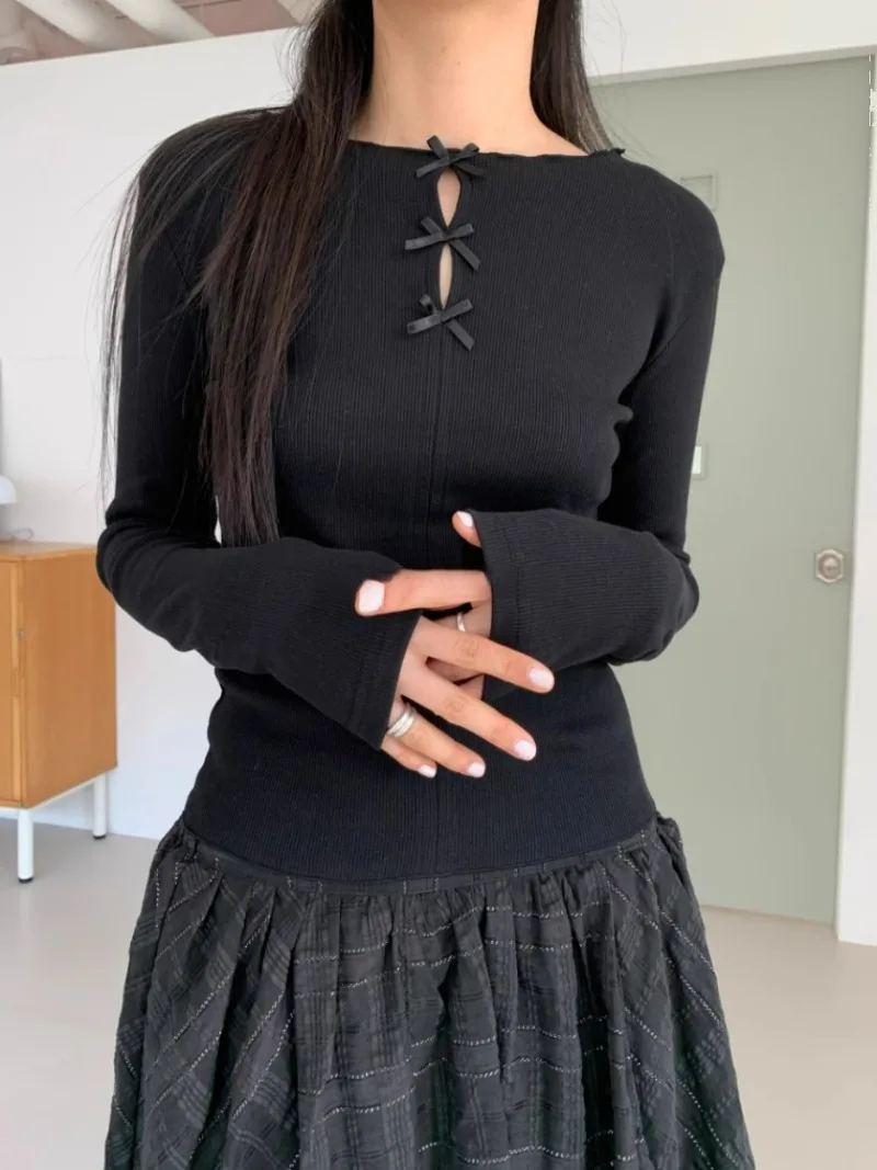 

Y2k одежда, корейская мода, весенние женские футболки с круглым вырезом, с вырезом «оллоу», с бантом, дизайнерские футболки с длинным рукавом, топы с тонкими краями