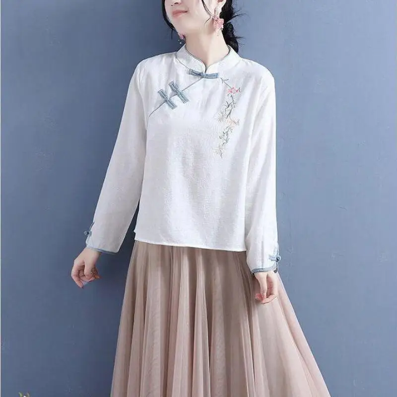 Vintage Embroidery Shirts Women Long Sleeves Casual Tops Chinese Style Button Linen Top Traditional Women's Wear Tea Clothing