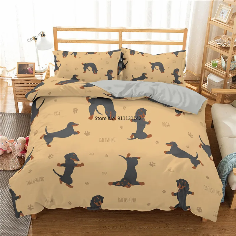 Cartoon Sausage Dog Pattern Down Bedcover Pillowcase 3D Cute Animal Bedding Set 2/3 Twin Queen Large Bedroom Cover 3