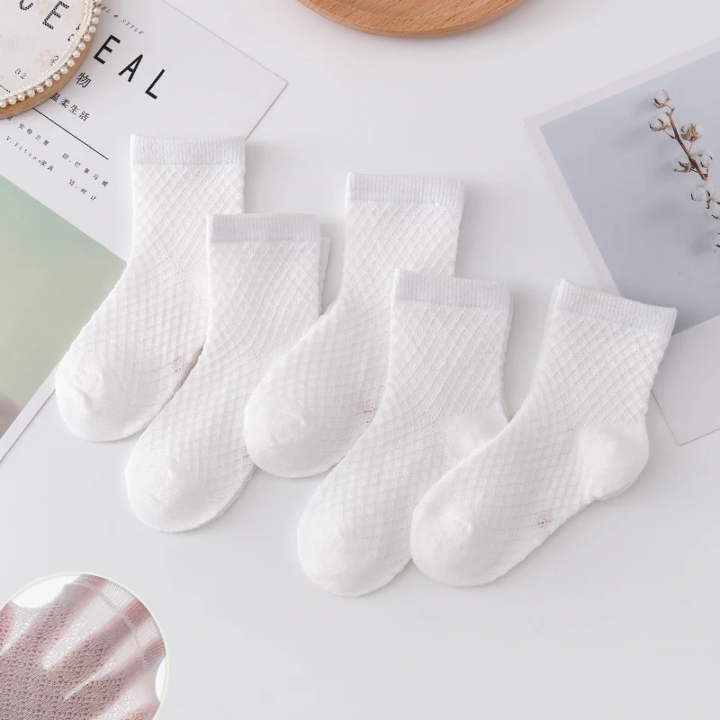 Children's Mesh Socks Medium Tube Pure Cotton Spring Summer Boys and Girls Thin White Socks Babies Breathable Socks 5Pairs 4
