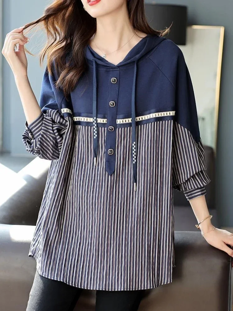 

Women's Sweatshirt Blue Top Hooded Baggy Striped Button Woman Clothing Hoodies Loose Basic 2000s Korean Fashion Warm Nice Color