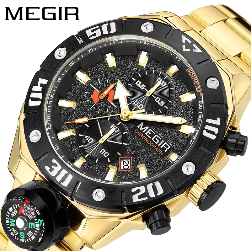 MEGIR Fashion Compass Decoration Quartz Watch for Men Stainless Steel Band Waterproof Luminous Date Sport Chronograph Watches