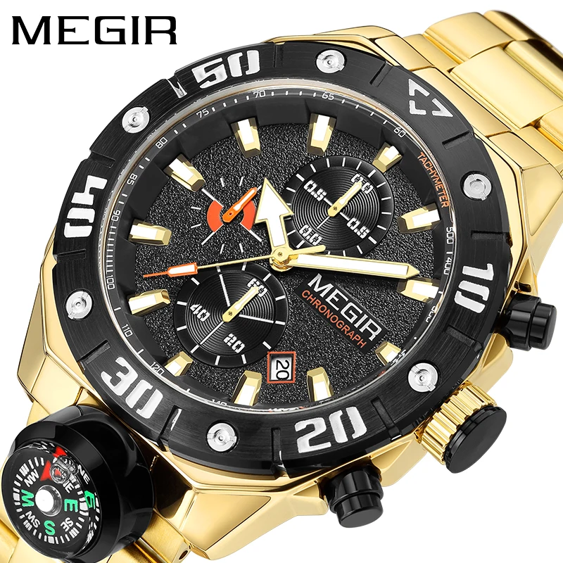 MEGIR Fashion Compass Decoration Quartz Watch for Men Stainless Steel Band Waterproof Luminous Date Sport Chronograph Watches megir brand luxury stainless steel date quartz watch for men sport waterproof luminous compass decoration chronograph men watch