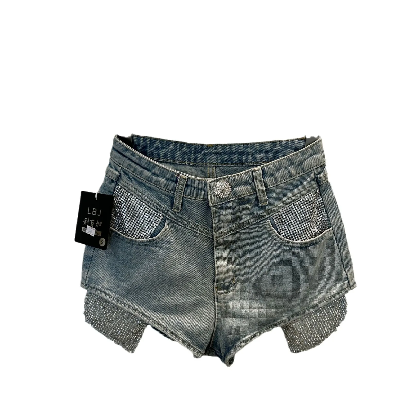 Streetwear Hot Girl Metal Diamond Pocket Jean Shorts Feminino 2024 Summer New Hot Drilling Three-Point Denim Shorts for Women