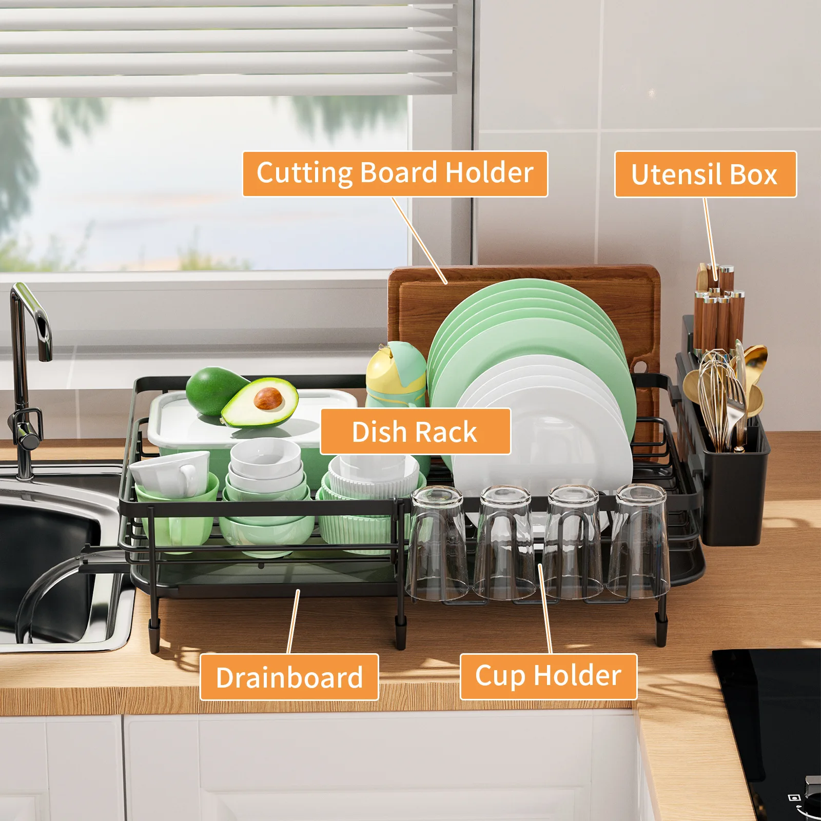 Dish Drying Rack, Dish Rack with Drainboard, Kitchen Expandable Dish Drying Rack with Rotatable Swivel Spout and Utensil Holder 3