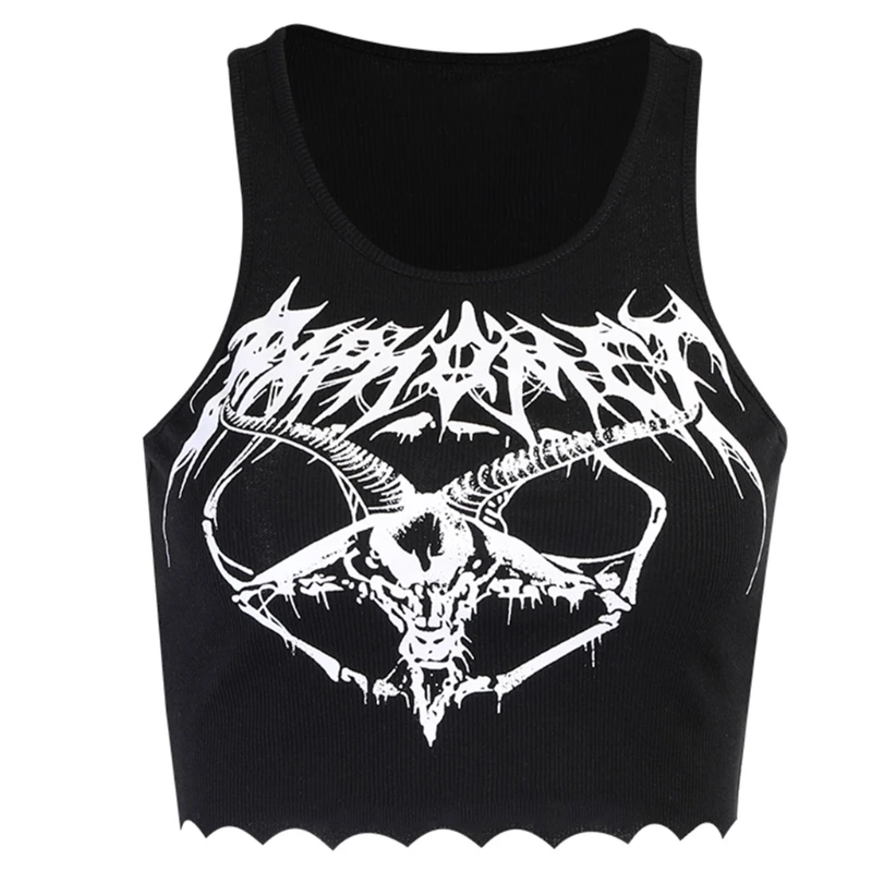 

Women Gothic Punk Sleeveless Skinny Crop Top Goth Grunge Goat Print Black Camisole Harajuku Ribbed Knit Vest Shirt Dropship