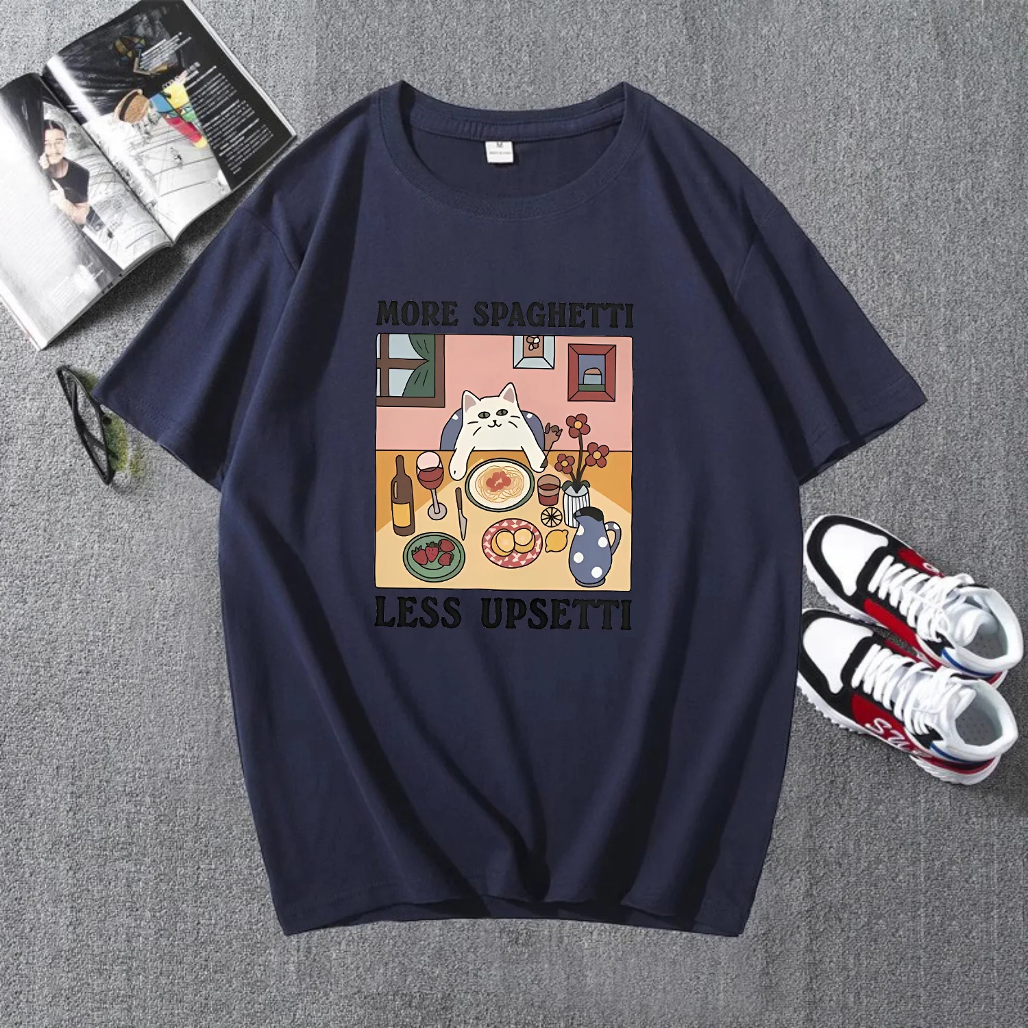 MORE SPAGHETTI LESS UPSETTI Printed T-shirt Cute Cat Again Eating Pattern Kawaii Top Italian Lover Short Sleeve Graphic Shirts 4
