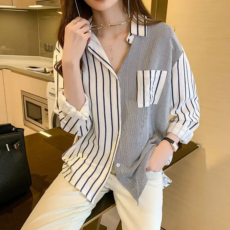 Korean Clothing Fashion Women Oversized Stripe Shirt Spring Autumn Pretty Office Lady Basic Casual Spliced Long Sleeve Blouses