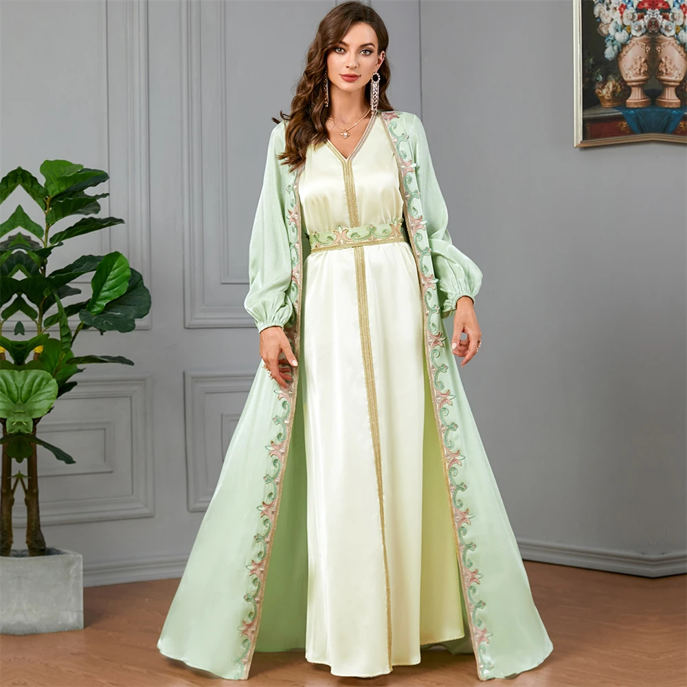 

Moroccan Women's Dress 2024 Elegant Muslim 2 Pieces Set Floral Embroidery Guipure Lace Tape Belted Kaftan Abayas Dress Ramadan