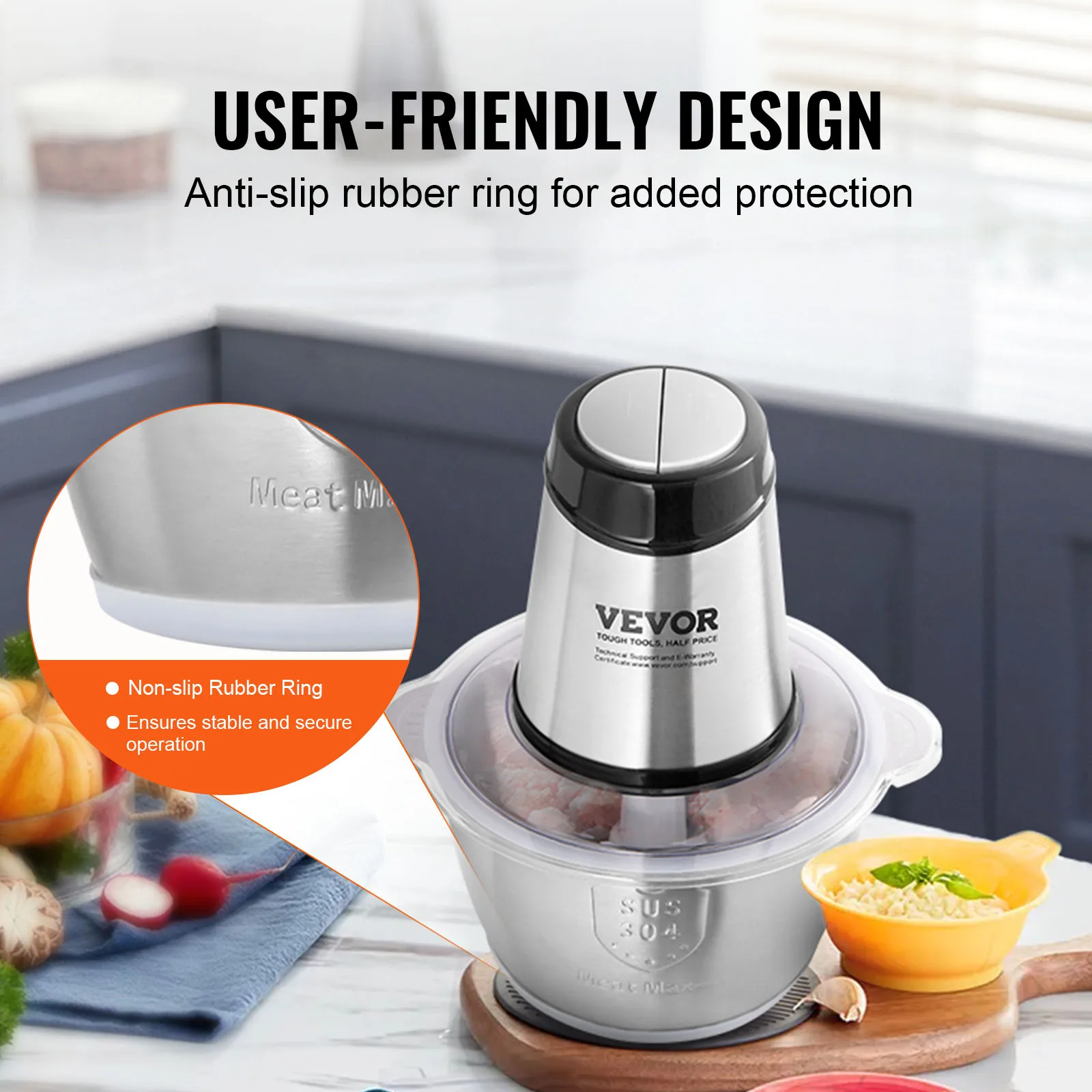 VEVOR Food Processor Electric Meat Grinder with 4-Wing Stainless Steel Blades8 Cup Stainless Steel Bowl for Baby Food 5