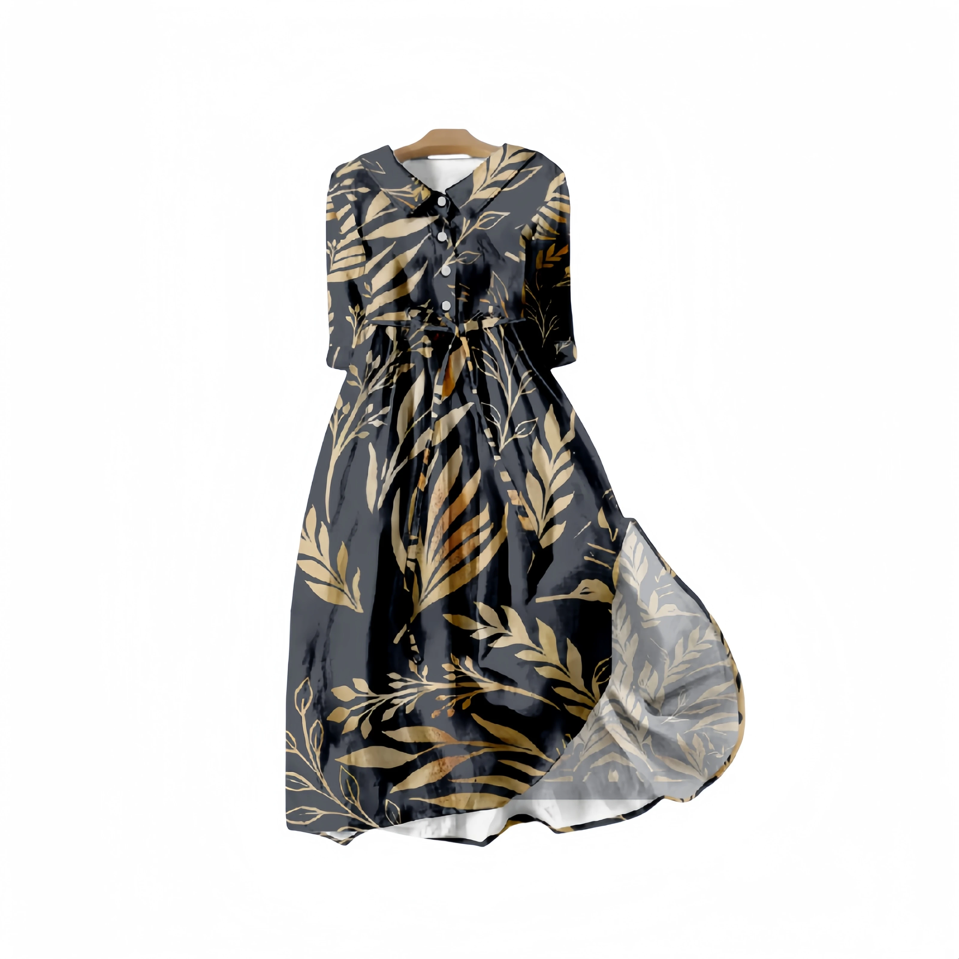 

Lady Knee-length Button Dresses With Lapel Waist Strap Black Dress With Colorful Flower Floral For Women V-neck Dress