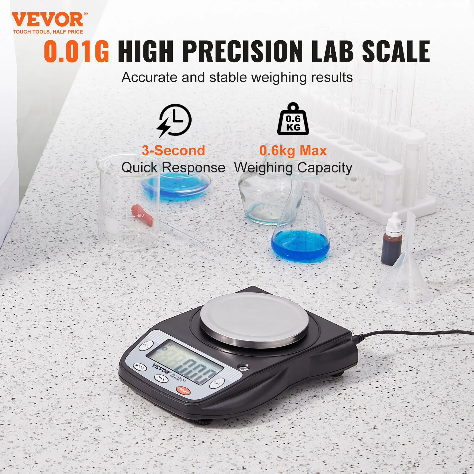 VEVOR Analytical Balance 600x 0.01g Accuracy High Precision Lab Scale LCD Display Digital Jewelry Weighing Scale for Lab Jewelry