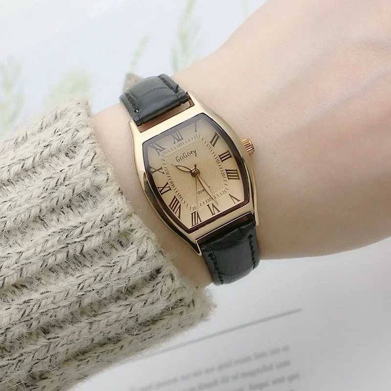 Watch for Women Small Ladies Wristwatches Brown Retro Vintage Leather Bracelet Watch Black Quartz