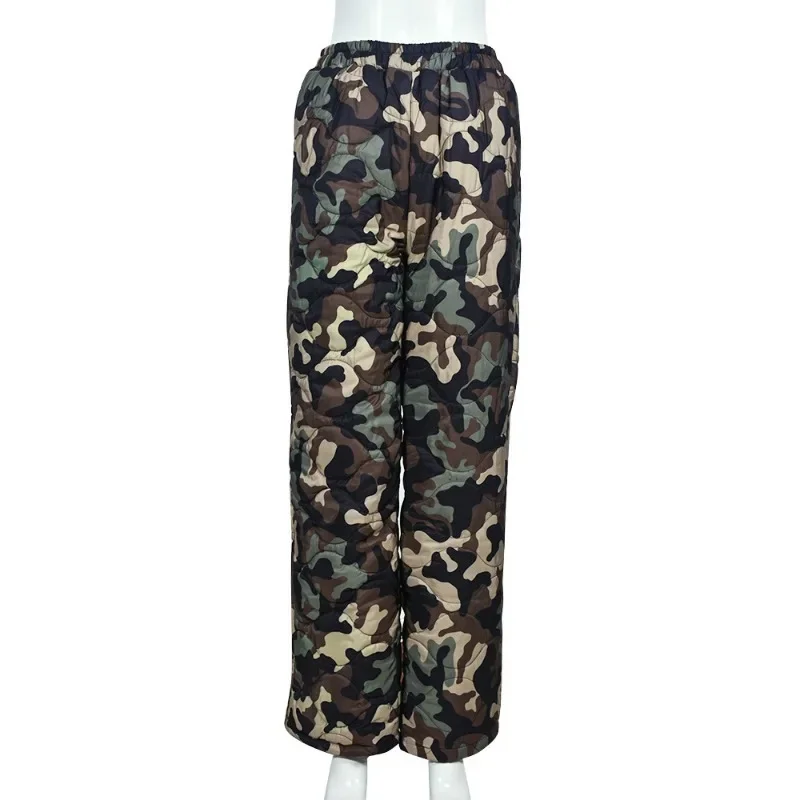 Camouflage Padded Cotton Loose Casual Straight Pants Women Streetwear 2023 Winter Fashion Elastic Mid Waist Trousers