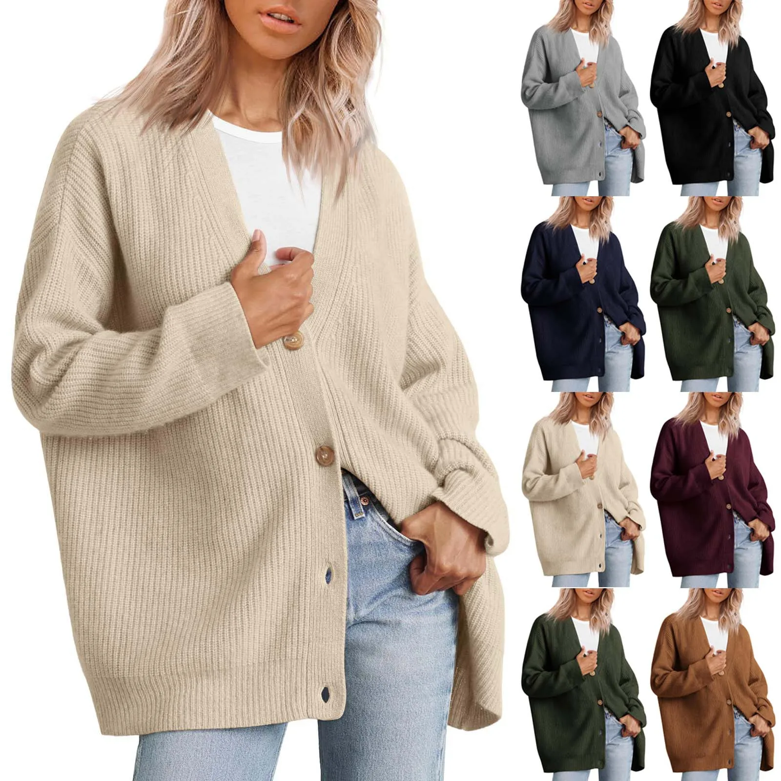 2023 Solid Chic Cardigans Button Long Sleeve Oversized