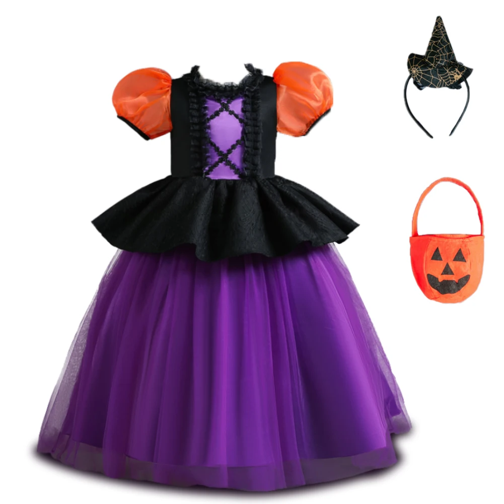 

Halloween Pumpkin Costume Kids Cosplay Dresses For Girl Clothes+Headband+Bag Children Splicing Evening Party Vestidos 5-14 Years