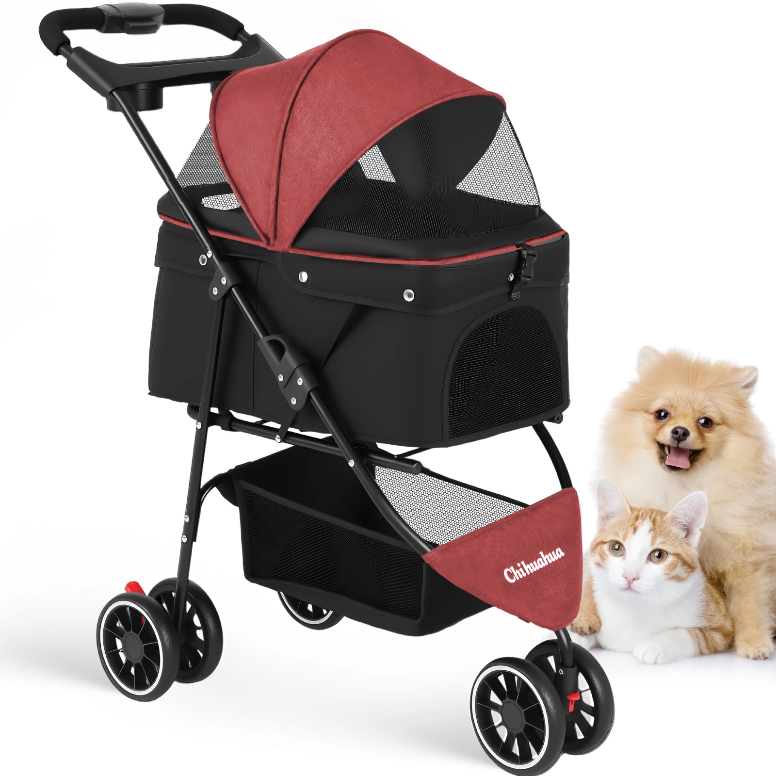 Portable Foldable Pet Stroller for Small Dogs & Cats, Travel Carrier with Canopy, Storage Basket 2