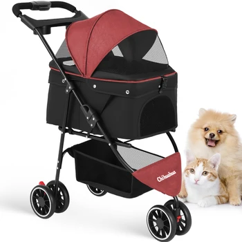 Portable Foldable Pet Stroller for Small Dogs & Cats, Travel Carrier with Canopy, Storage Basket 2