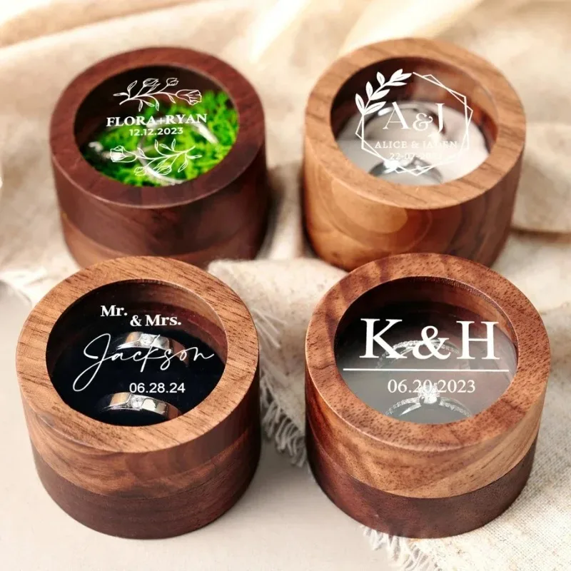 Customized Walnut Wood Round Ring Box with Clear Cover - Free Name and Date Engraving