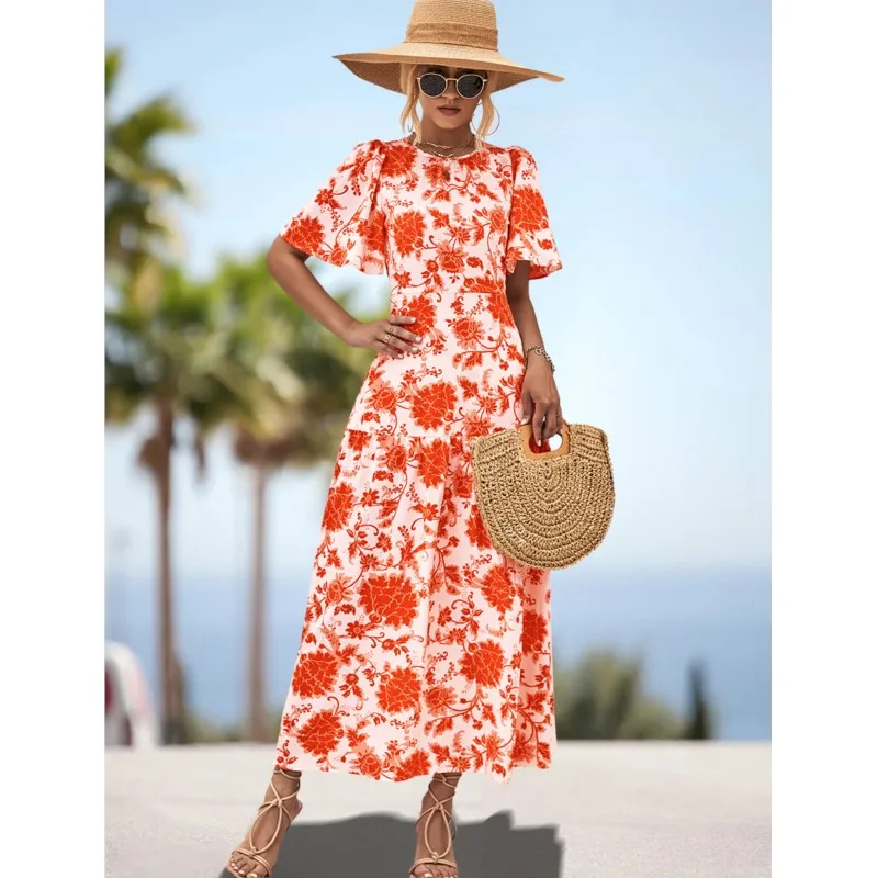 

2023 Summer New Line Women's Sweetheart Fresh Fashionable Elegant Comfortable Round Neck A-line Printing Casual Strap Dress