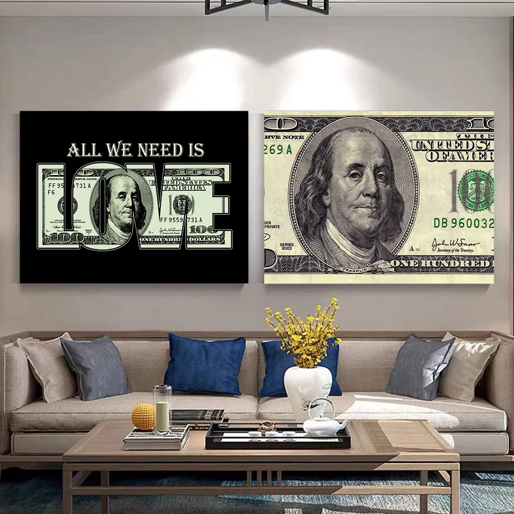 

Love 100 Dollar Money Art Canvas Painting Golden Graffiti Luxury HD Poster and Print Modern Mural Living Room Home Decor Cuadros