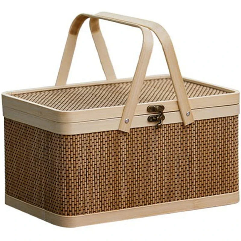 Bamboo Basket Natural -Friendly Woven Basket Bamboo Picnic Basket With Lid Handheld Snacks Bread Storage Basket