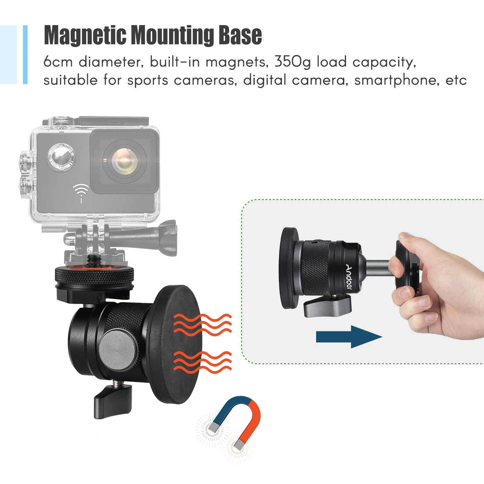 Tripod ball head ball head dual use adapter 1/4 inch screw 360&deg; rotatable with small magnetic base for sports cameras