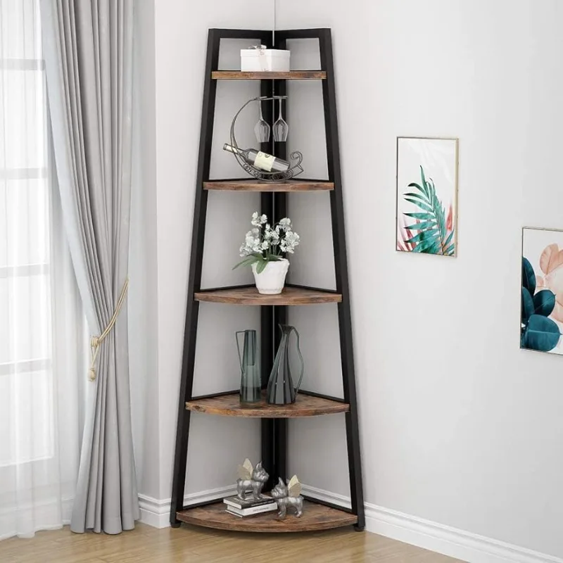 

70 inch Tall Corner Shelf, 5 Tier Rustic Corner Bookshelf Bookcase Industrial Corner Ladder Shelf Plant Stand for Living Room