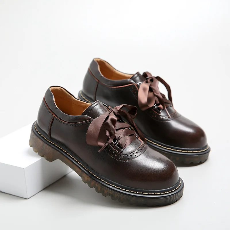 Women Ribbon Lace Up Oxford Shoes Genuine Split Leather Brogues