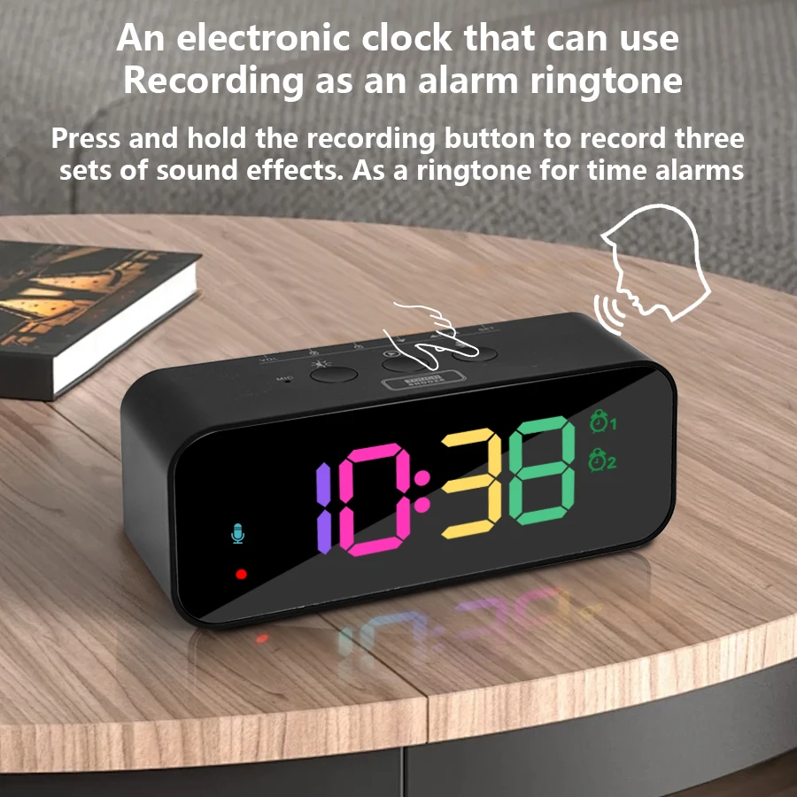 1pc new RGB color large screen digital recording clock, can record three kinds of sound alarm, sleep mode, voice control mode, t