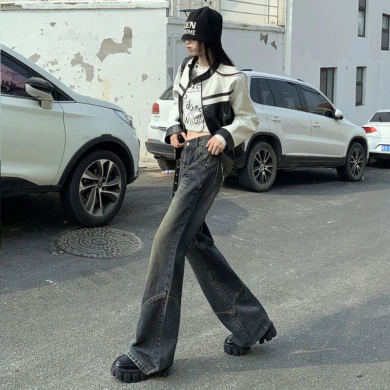 Denim Planet Cement Grey Retro Women's 2024 New Low Waisted Slim Fit Loose Wide Leg Flared Pants Jeans Female