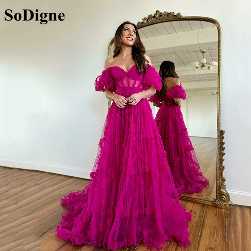 

SoDigne Purple Tiered Tulle Long Prom Dresses Off The Shoulder Formal Evening Gowns Women's Long Celebrity Party Dress 2023