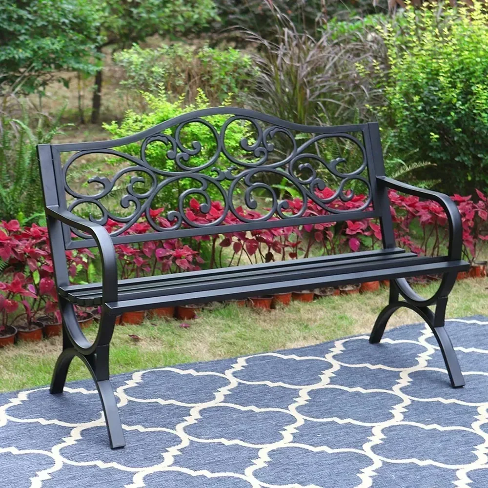 

Outdoor Garden Bench,Cast Iron Metal Frame Park Bench with Floral Pattern Backrest,Arch Legs for Porch Black Patio Benches
