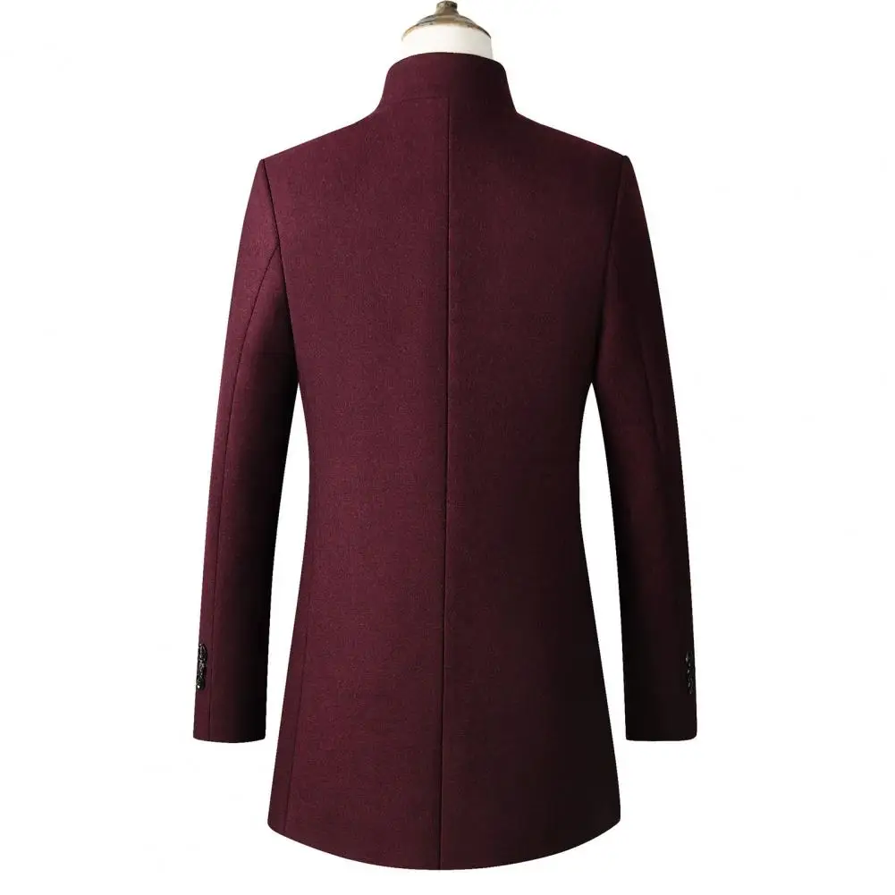 Basic Fit Trench Coat Stylish Men's Winter Trench Coat Stand Collar Single-breasted Solid Color Cardigan with for Fall/winter