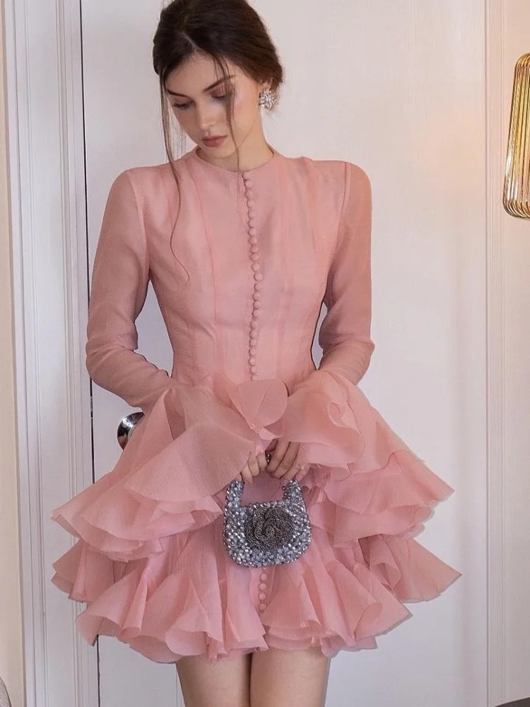 Luxury O Neck Pink Ruffle Button Female Vestidos Fashion Long Sleeve High Waist Prom Dresses Spring New Lady Short Evening Dress 2