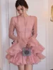Luxury O Neck Pink Ruffle Button Female Vestidos Fashion Long Sleeve High Waist Prom Dresses Spring New Lady Short Evening Dress 2