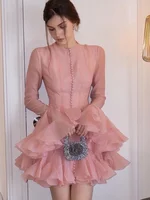 Luxury O Neck Pink Ruffle Button Female Vestidos Fashion Long Sleeve High Waist Prom Dresses Spring New Lady Short Evening Dress 2