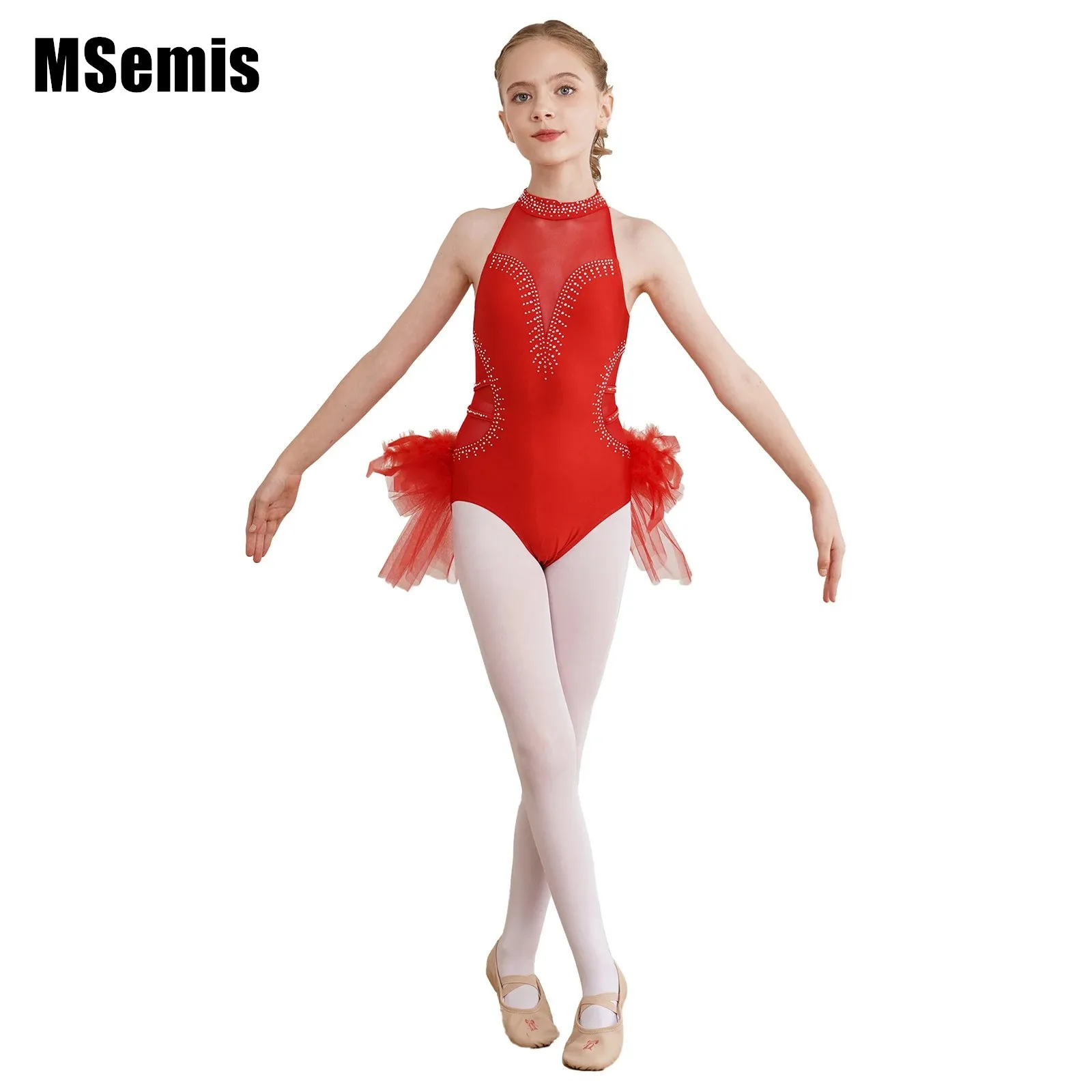 

Kids Girls Dance Leotard Rhinestone Sheer Mesh Patchwork Mock Neck Sleeveless Feather Costume Tulle Skirted Bodysuit