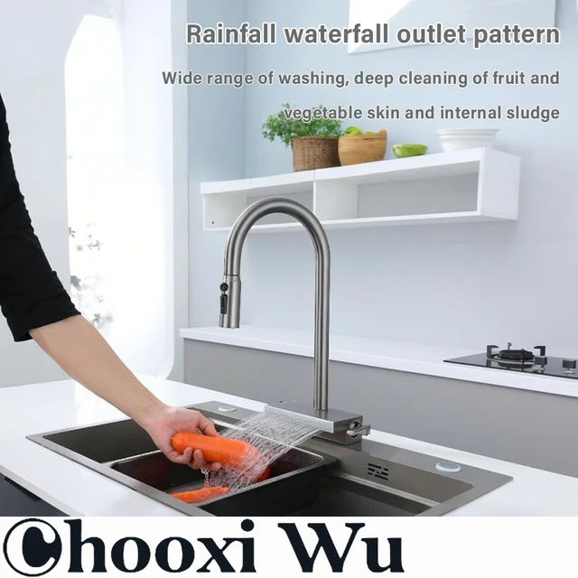 ก๊อกน้ําสแตนเลสแบบดึงออกในครัว ดีไซน์แบบดึงออก พวยกาแรงดันอเนกประสงค์ ระบบควบคุมคู่ร้อนและเย็น 3