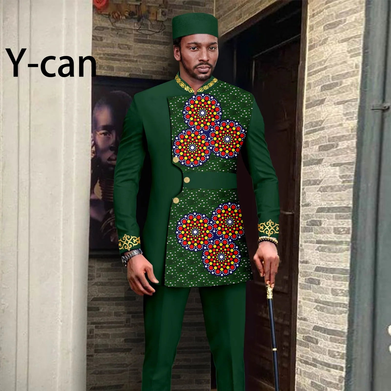 African Suits for Men 2023 Spring Summer 3 PCS Set Dashiki Print Jacket and Trousers Match Muslim Caps A2316052