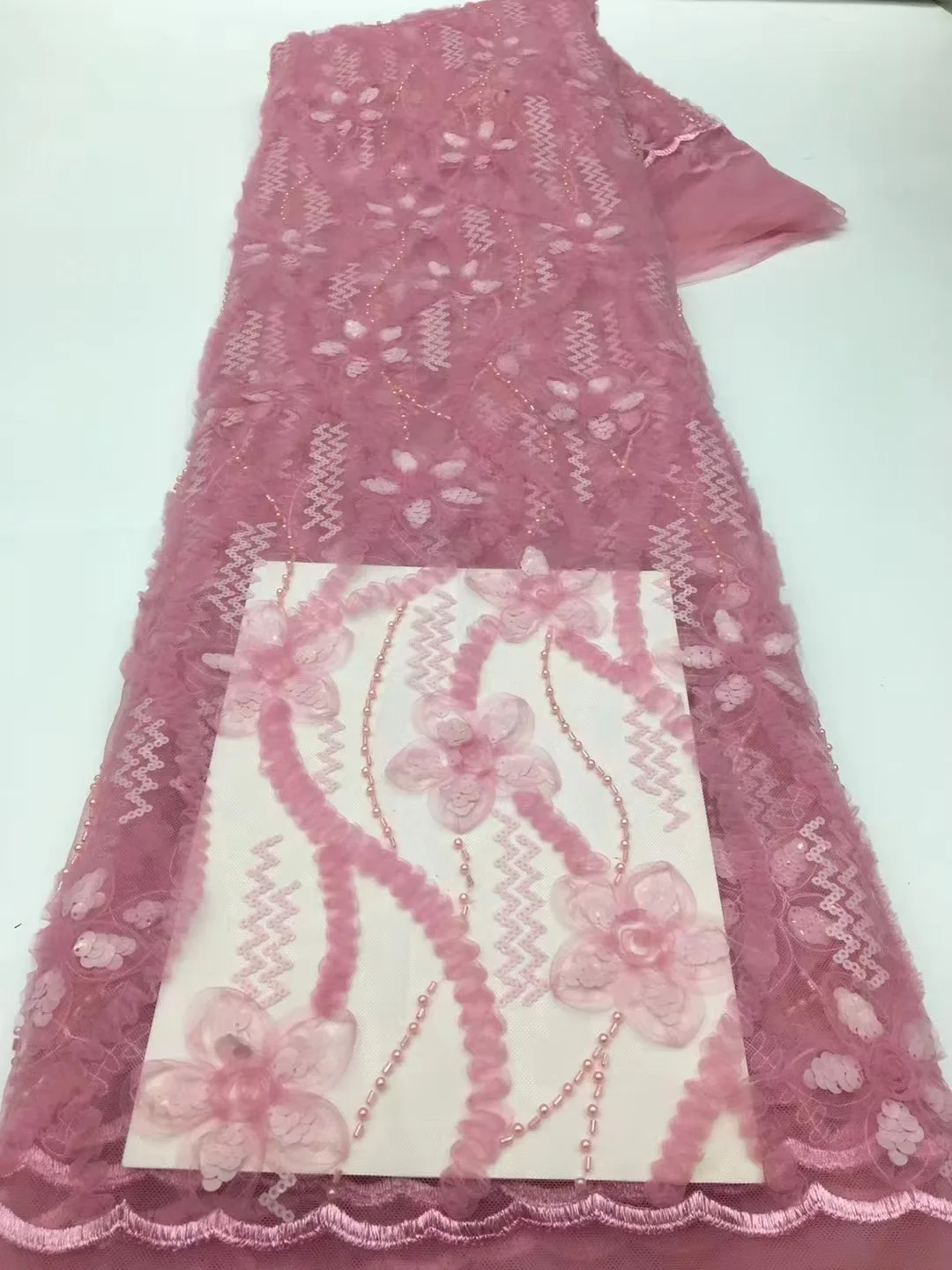 

3D Applique Fabric Lace Latest Lace Fabric High Quality 2023 Crystal Sequin Beaded Tulle Lace Fabric For Wedding Sewing
