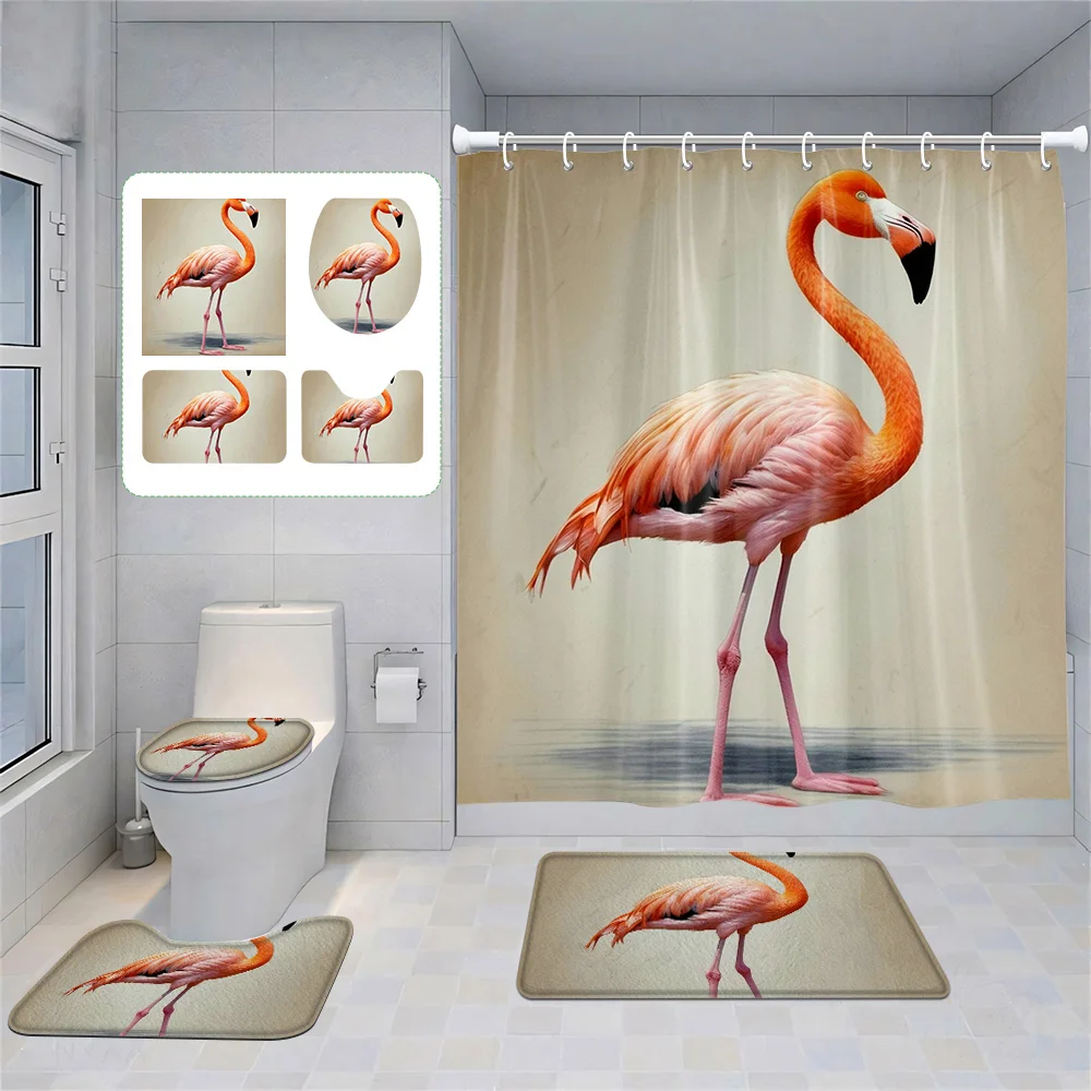 Home shower curtains bathroom Decora waterproof fabric non-slip bath mat water absorption curtain Modern aminal flamingos 3
