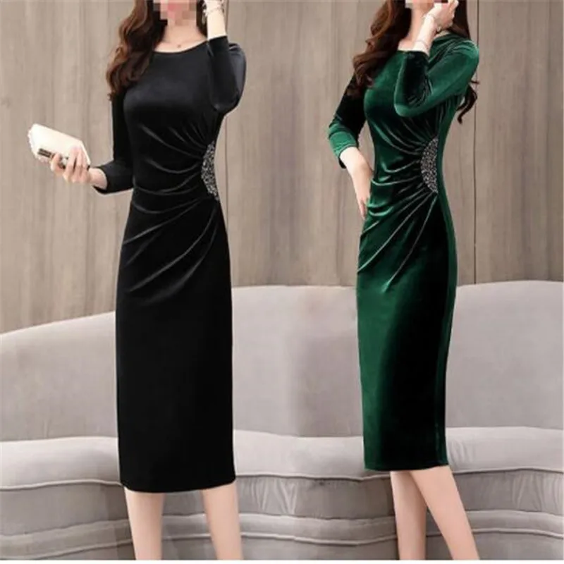 

Sexy Slim Pleated Sequin Velvet Dress Women Elegant Long Sleeve Korean Evening Party Dresses Vintage Knee Length Vestido Festa